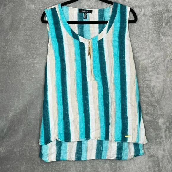 Ellen Tracy XL Shirt Top Blue Striped Sleeveless Scoop Neck Linen High Low - Picture 1 of 7